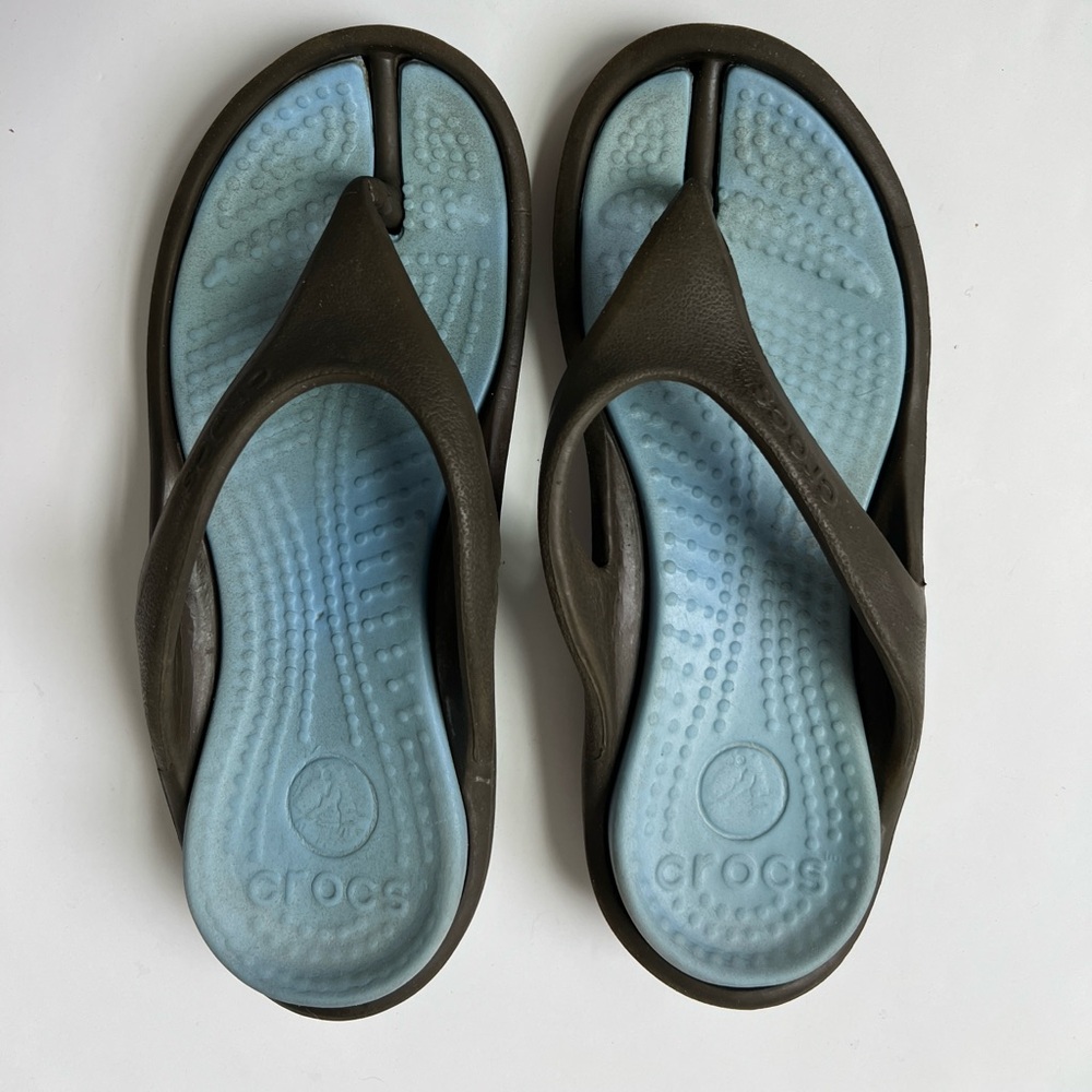 CROCS Brown Strap Flip Flops with Light Blue Footbed